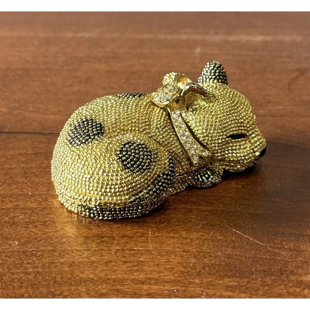 Cat Trinket Box, Sparkly Metal, CZ Collar black Stones Enamel Interior VGC